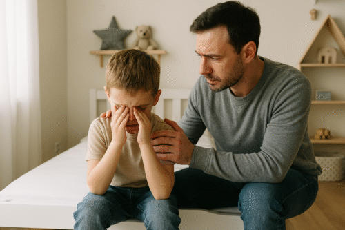 rodzic pocieszający zestresowane dziecko. wygenerowane przez MS Copilot